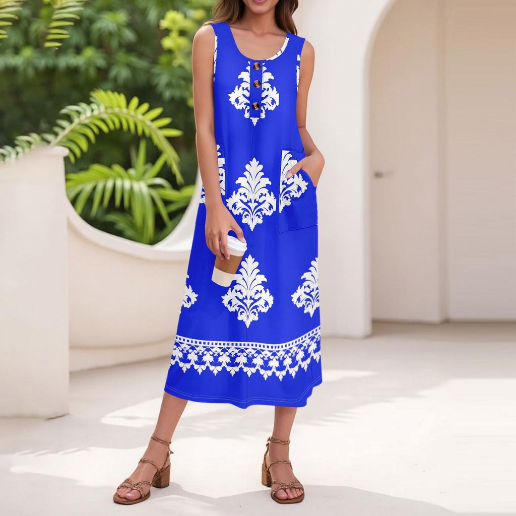 Women's Summer Casual Fashion Retro Printed Sleeveless Button Casual Long Dress