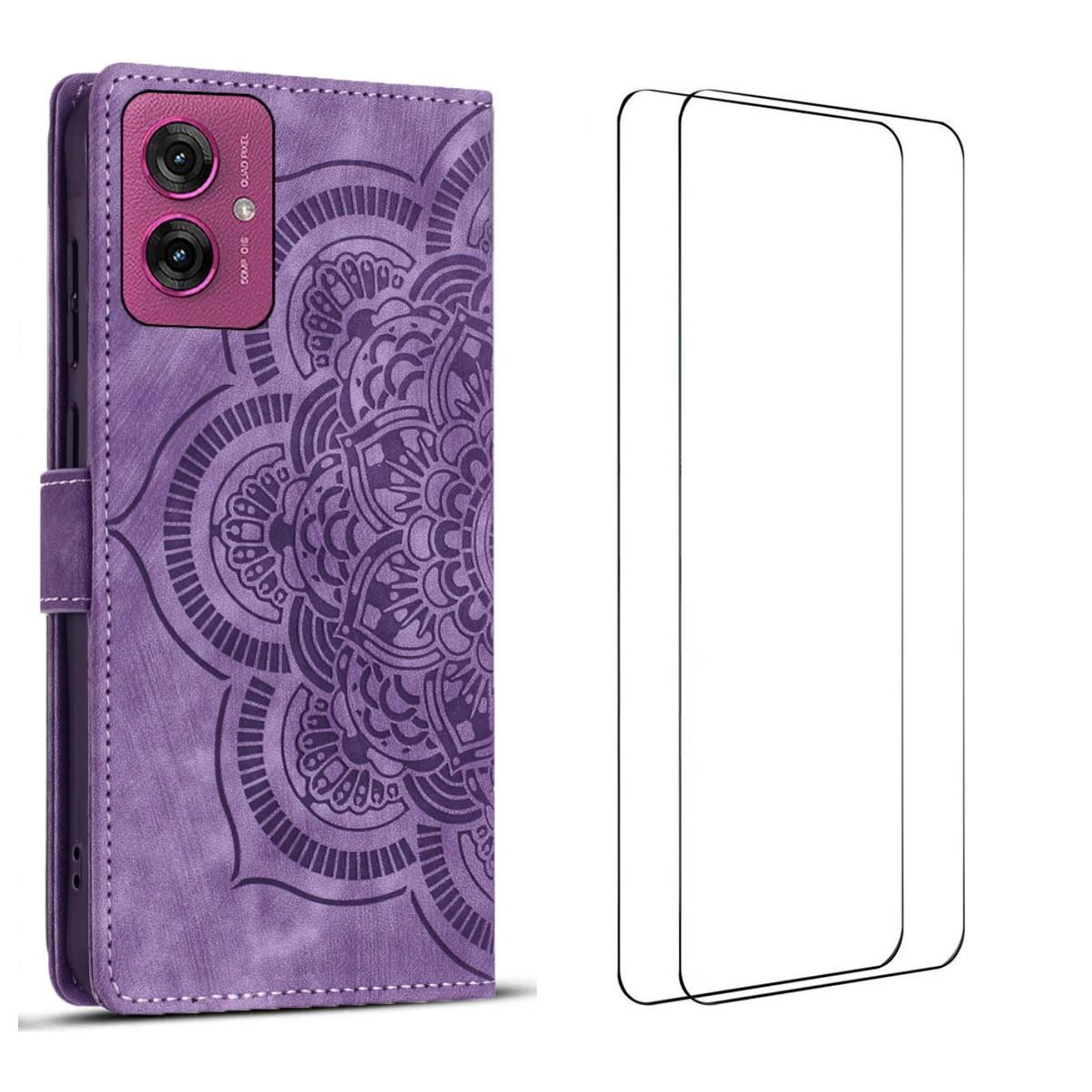 

For Motorola Moto G55 5G Case with 2Pcs Tempered Glass WANLONFENG MTL Series Mandala Leather Phone Cover E