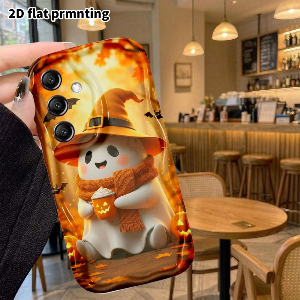 Phone Case: 2D Samsung Galaxy A34 A35 M05 M06 S20 S22 S21 FE Plus 5G Case, Cute Little Ghost Drinking Hot Drink, Christmas and Halloween Gift