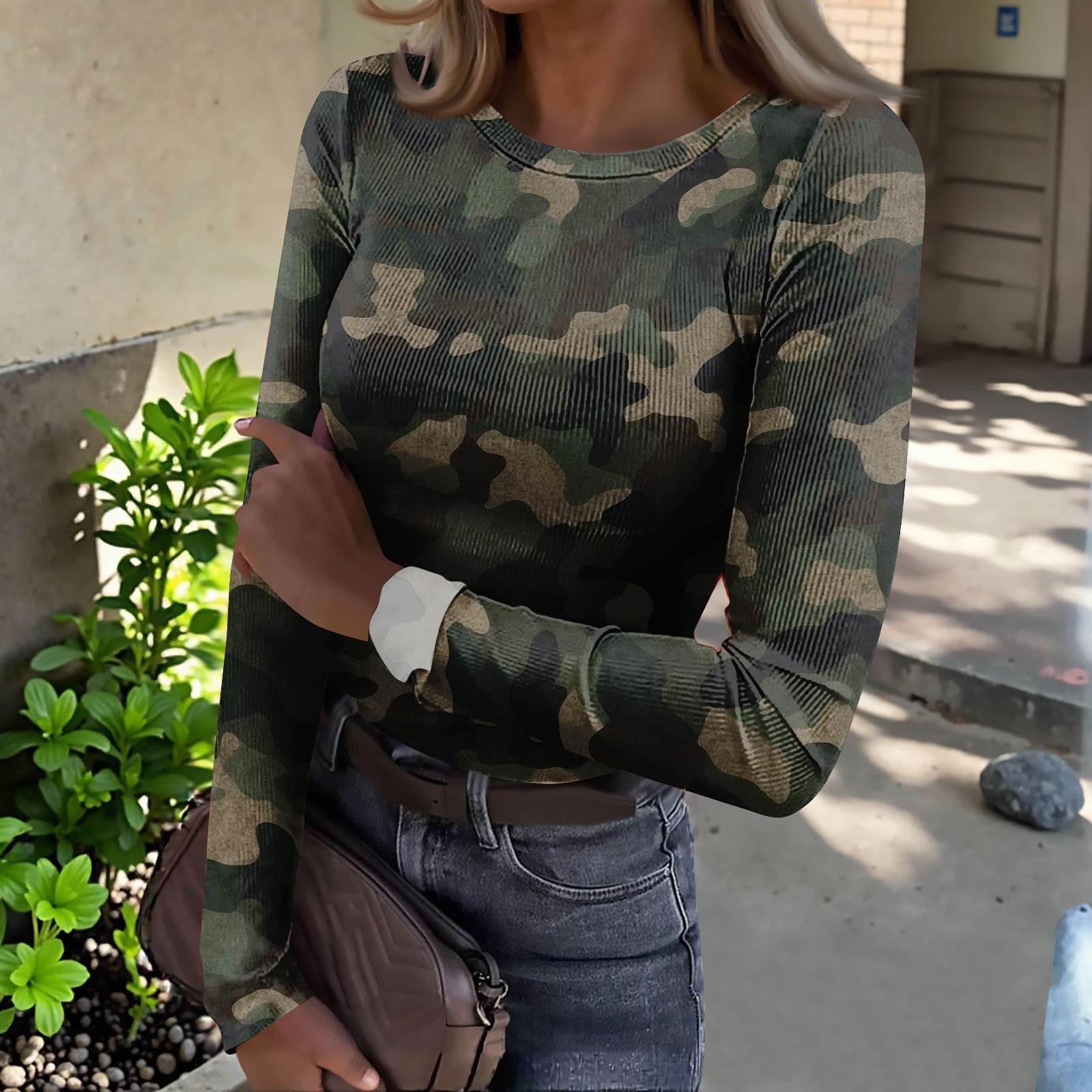 

Женская футболка с облегающим низом, модная повседневная с градиентным принтом, пуловер с круглым вырезом и длинными рукавами L армия зеленый