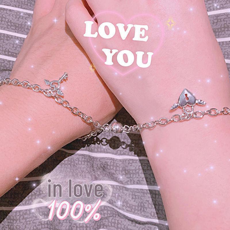 European & American Magnetic Love Lock Bracelet Pair: Stainless Steel Heart-Key Design for Couples
