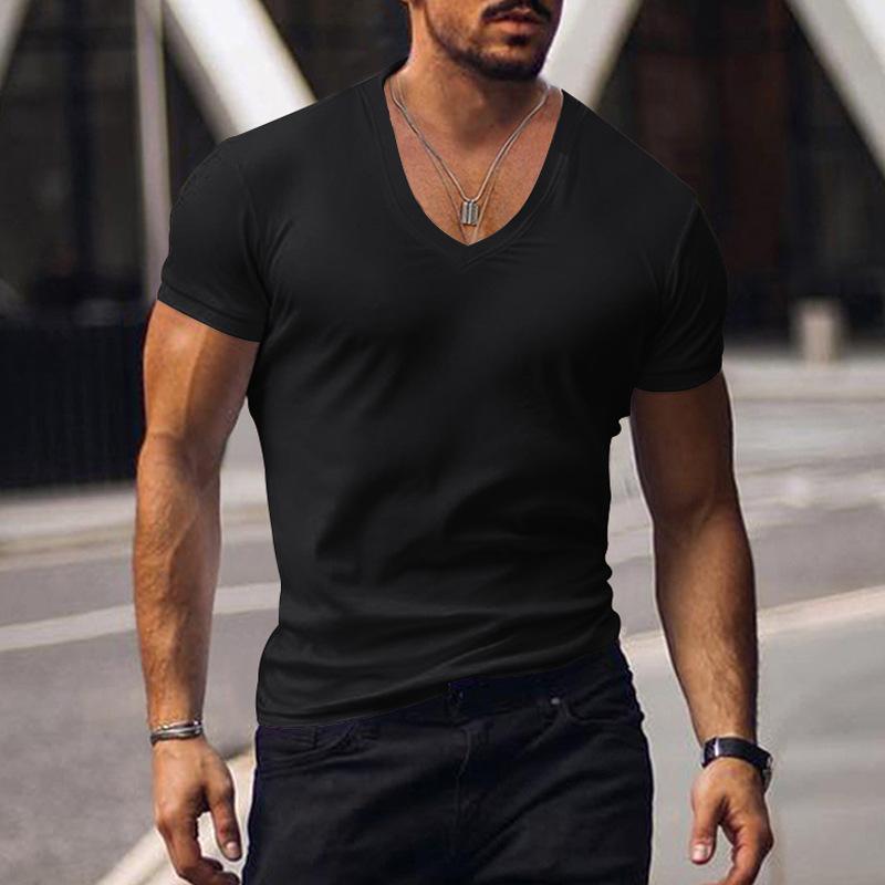 Top Men's V-neck Solid Color Large Size Casual T-shirt Short Sleeve Men's Wear