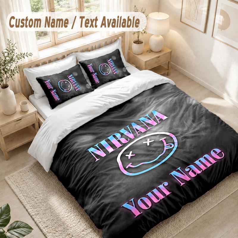 Custom Name Bedding Set 3 PiecesNirvana Print Duvet Cover + 2 Pillowcases Soft Bed Decor