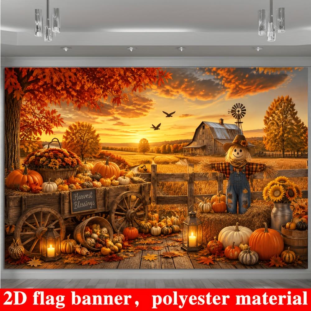 2D Flat Banner - 1 piece of background fabric. Autumn Harvest theme background fabric presenting the scene of a farm in autumn.