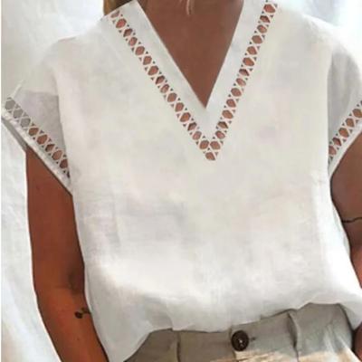 Vintage Tops Damen Bluse Solide Baumwolle Leinen Sommer V-Ausschnitt Top Hallow Patchwork Übergroße weiße Blusen