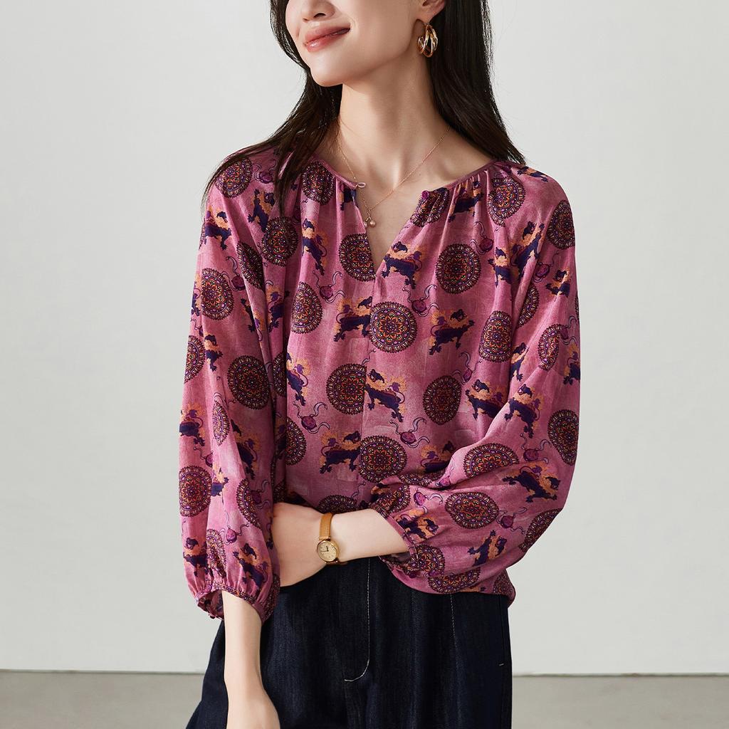 100% Mulberry Silk Printed Shirt for Women's 2026 Spring Commuting Versatile Round Neck Silk Top
