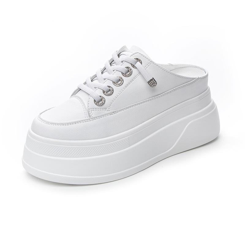 Pantofole Mezze Pelle Vera Scarpe Casual da Donna Platform Pantofole da Donna Stringate Bianche Scarpe con Zeppa Basse Calzature da Donna