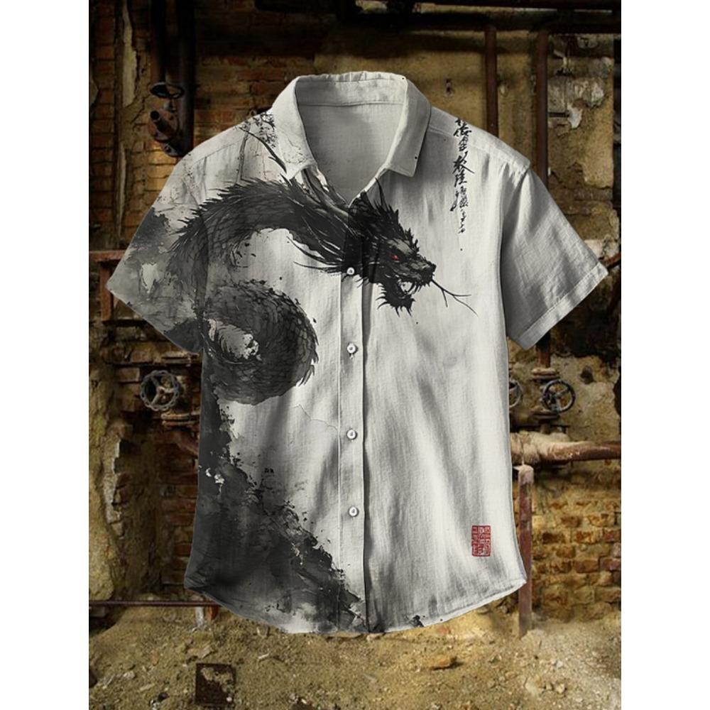 2026 New Chinese Style Ink Dragon Print Men s Short Sleeve Shirt Breathable Lapel Casual Men s Top Hawaiian Resort Style Shirt S