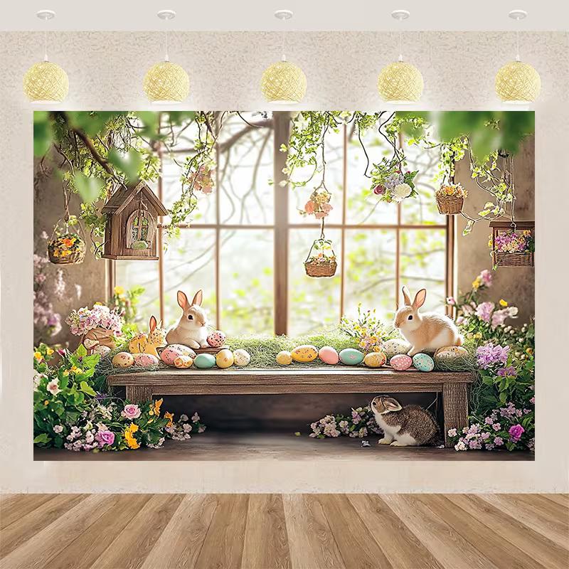 2D Happy Easter Backdrop Cloth 2D Print Floral Garden Bunny Living Room Wall Decor