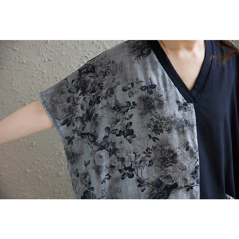 DIMANAF 2025 Women Plus Size V-Neck Summer Dress Printing Casual Basic Short Sleeve Dress Loose Long Dress