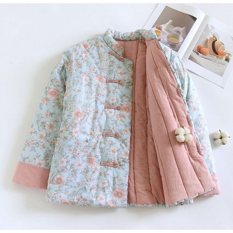 Mamas Vintage Verdickte Baumwolljacke Handgemachter Floraler Wintermantel Warme Baumwollwattierte Oberbekleidung