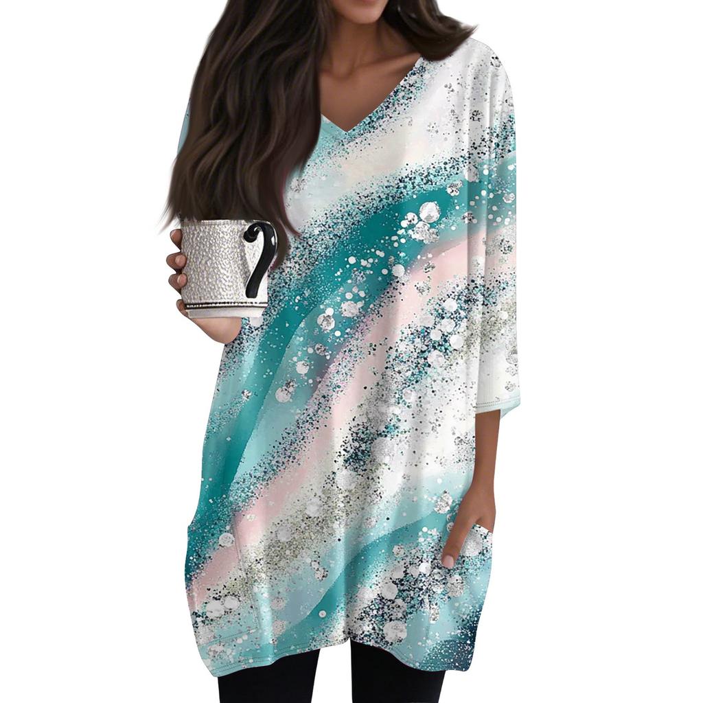 Lässige 3/4-Ärmel-Shirts für Damen, modischer Aufdruck, Tunika-Oberteile mit Taschen