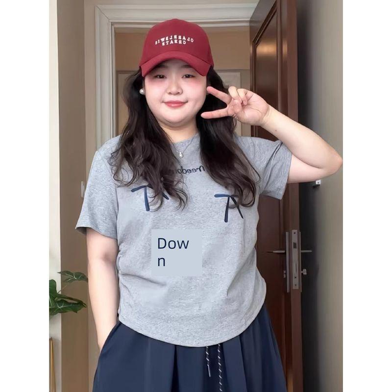 

Plus-Size Women s Gray Bowknot Embroidered Short-Sleeve T-Shirt, Summer New Style, Slimming Korean-Style Top for Women Gray Top(High Quality) 3XL(Suggestion 90-100kg)
