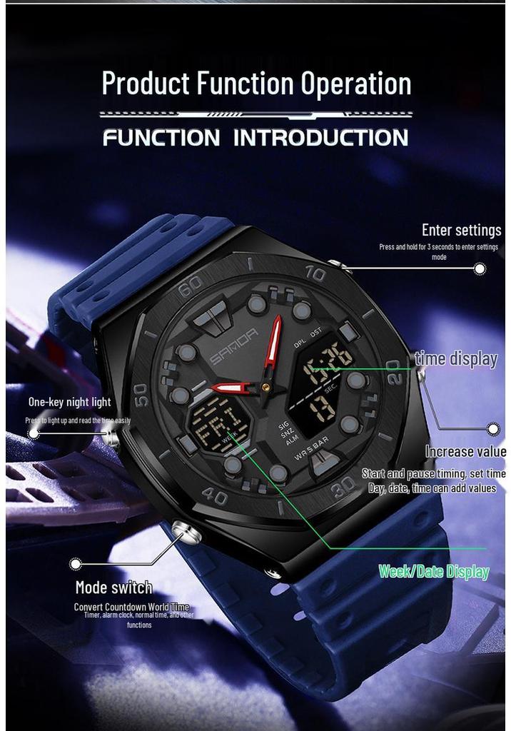 Sanda Men's Trendy Dual Display Casual Watch - Waterproof, Luminous, Octagonal Design with Countdown & Snooze Functions.