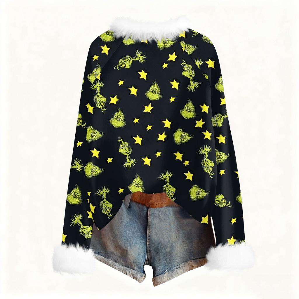 Women's Fashionable Christmas Printed Round Neck Long Sleeved Casual Pullover T-shirt Top