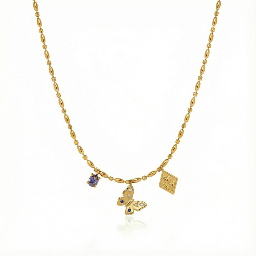 Butterfly Dragonfly Sunflower Zircon Bee Flower Pendant Gold Color Retaining Multi-Pendant Necklace
