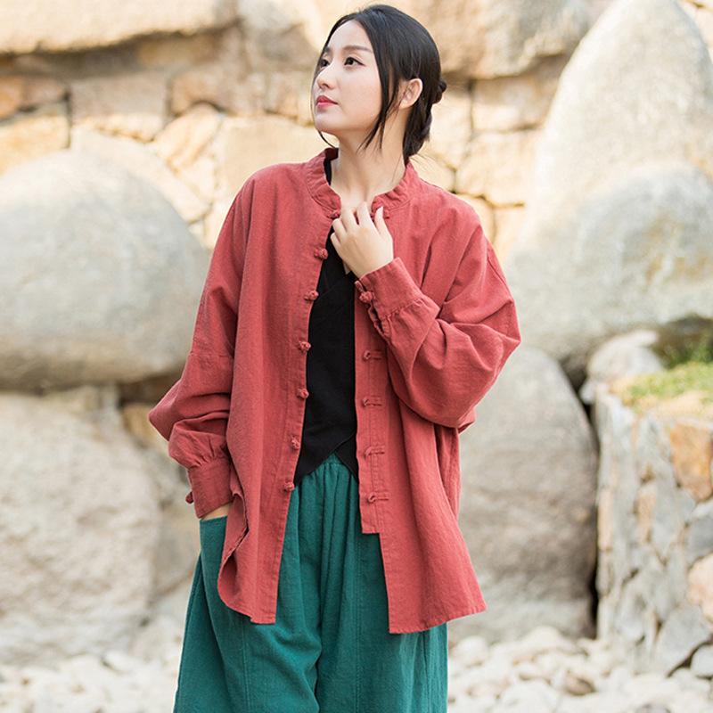 Cotton and linen women's top, new Chinese style cardigan, spring and autumn coat, zen loose tea clothes, button-down long-sleeved shirt