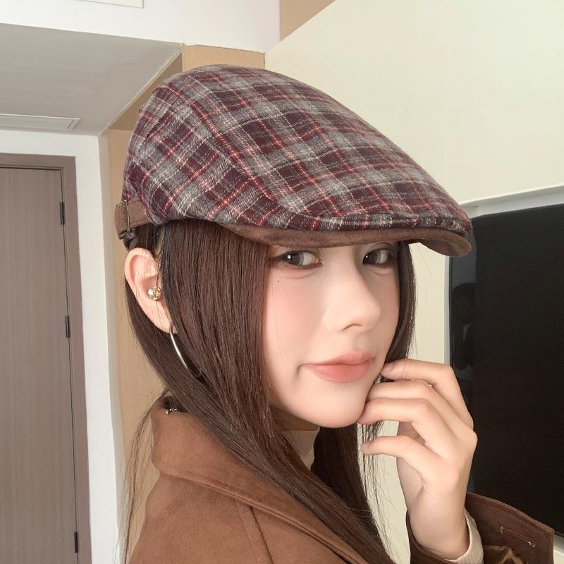 Retro Plaid Forward Hat Japanese All Match Beret Autumn and Winter Warm and Showy Little Literary Newsboy Painter Peaked Cap