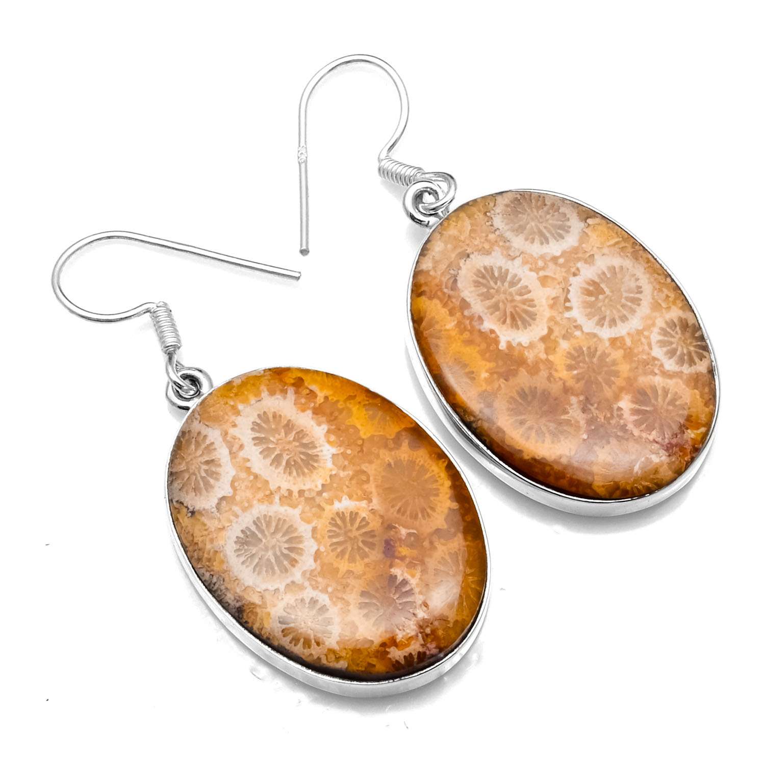 

Fossil Coral Gemstone Earrings Solid 925 Sterling Silver Handmade Earrings Jewelry Gift For Women And Girls E-784