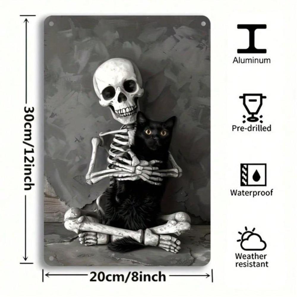 Whimsical Skull Cat Wall Decor Black White 8x12 Inch Tin Sign Easy Install Home Office