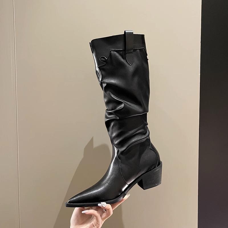 Fashion Autumn Vintage Thick Heel Women Western Cowgirl Boots Fashion Slip On Shoes Ladies Elegant Knight Long Booties