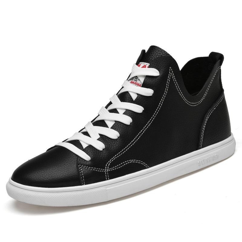 Men's Korean Style Velvet-Lined Mid-Top Leather Sneakers - Trendy Casual Cowhide Patchwork, Large Sizes Available.