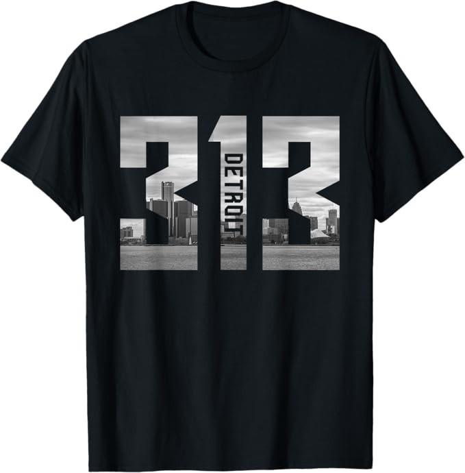 Vintage Detroit Michigan 313 Area Code Skyline T-Shirt