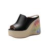 Factory direct sales 12cm embroidered wedge heel cool slippers women's 2025 summer new leather super high heel fish mouth slippers women