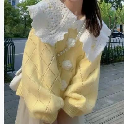 Damen 3D Blume Einfarbig Pullover Süß Häkelblume Lochmuster Puppenkragen Gestrickte Strickjacke Herbst Locker Pullover Damen Oberteil