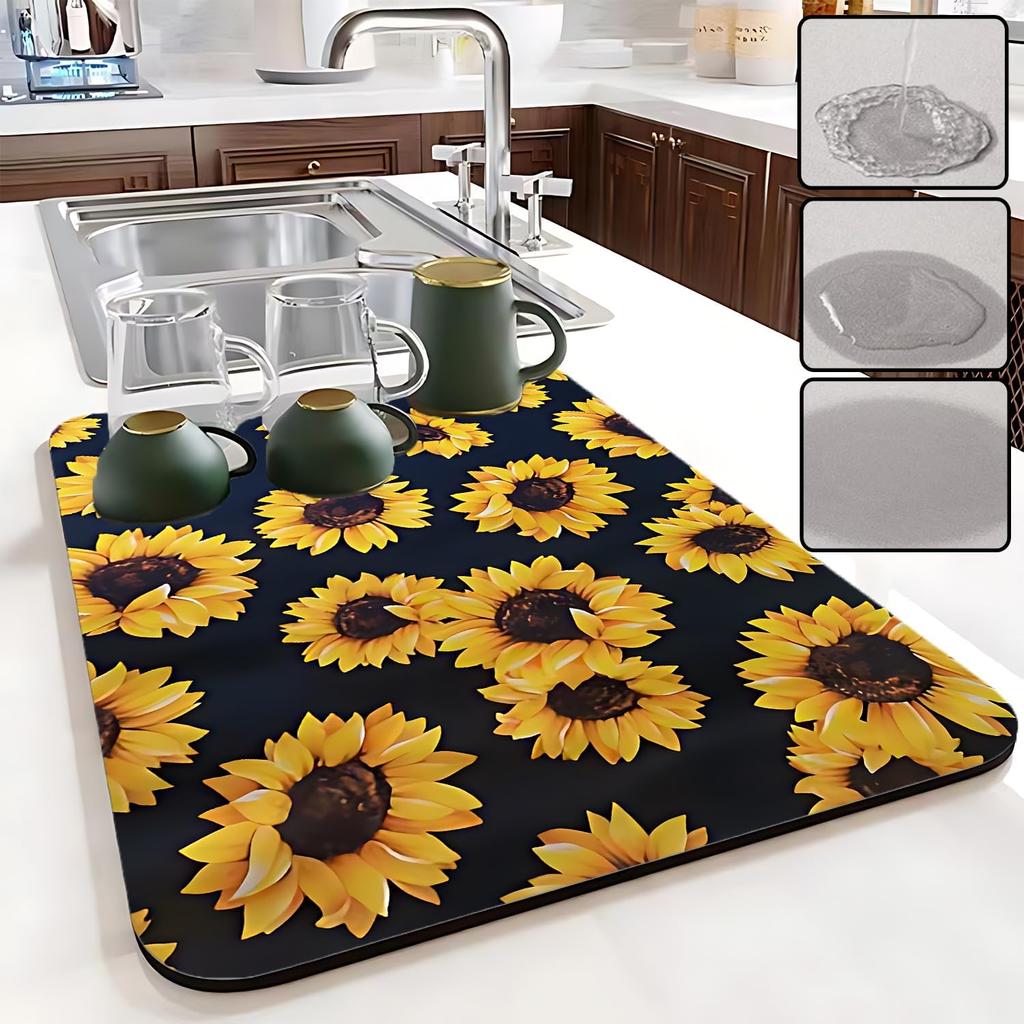 Dish Drying Mat Foldable Fall Kitchen Drying Mat Absorbent Sink Mat Multi-Purpose Coffee Pad Easy To Clean,Kitchen Gadgets,sunflower decor(sunflower)