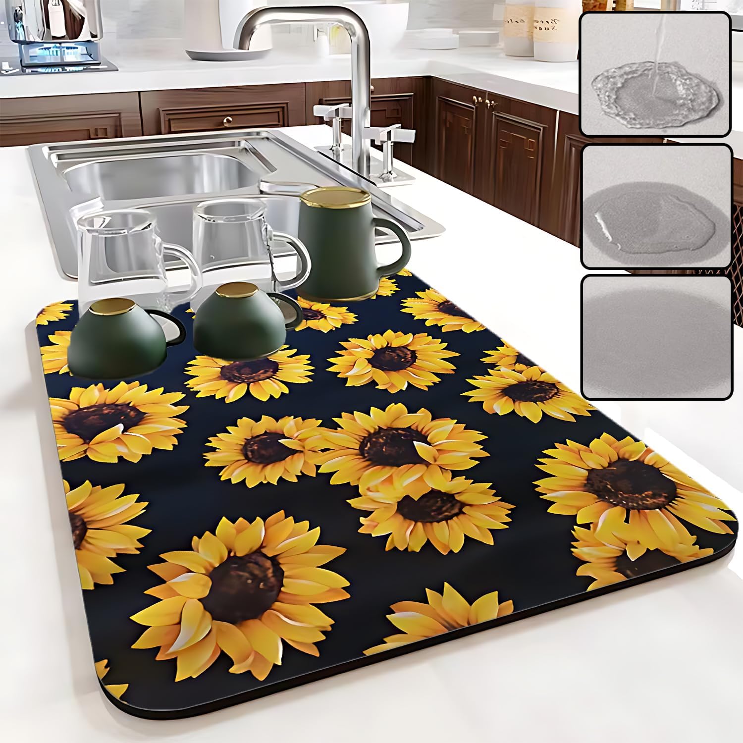 Dish Drying Mat Foldable Fall Kitchen Drying Mat Absorbent Sink Mat Multi-Purpose Coffee Pad Easy To Clean,Kitchen Gadgets,sunflower decor(sunflower) 12inches*16inches