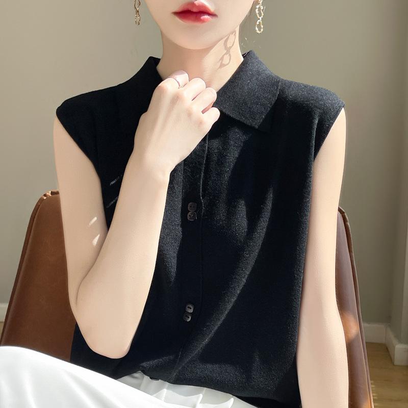 Exquisite and Fashionable Shirt Collar Knitted Vest for Women Stacked In Slim-fitting Sleeveless Suit with Bottom Vest