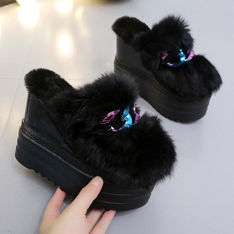 Slim Women's Slim Slippers Wedge Water Diamond Inner Elevated Thick Sole Shoes Women's Autumn and Winter Shoes Fur Plush Fashion