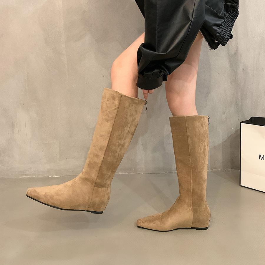 Inner Heightening Retro Khaki Skinny Boots Medium Boots Women's Shoes 2025 New Autumn and Winter Long Tube Knight Boots