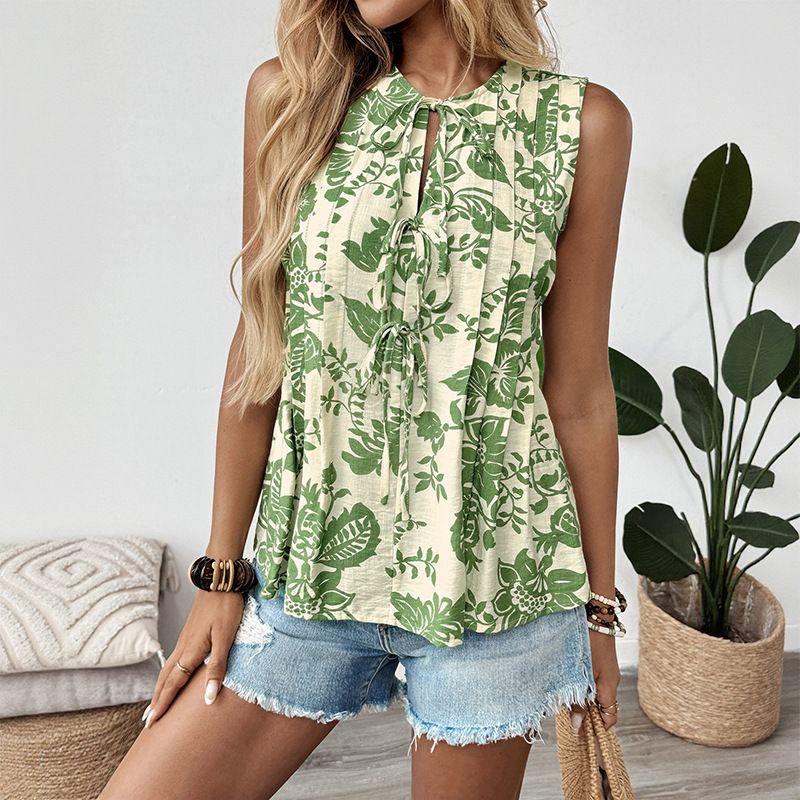 Sleeveless Shirt2025 Summer New European and American Women's Print Pleat Lace-up Sleeveless Shirts Top