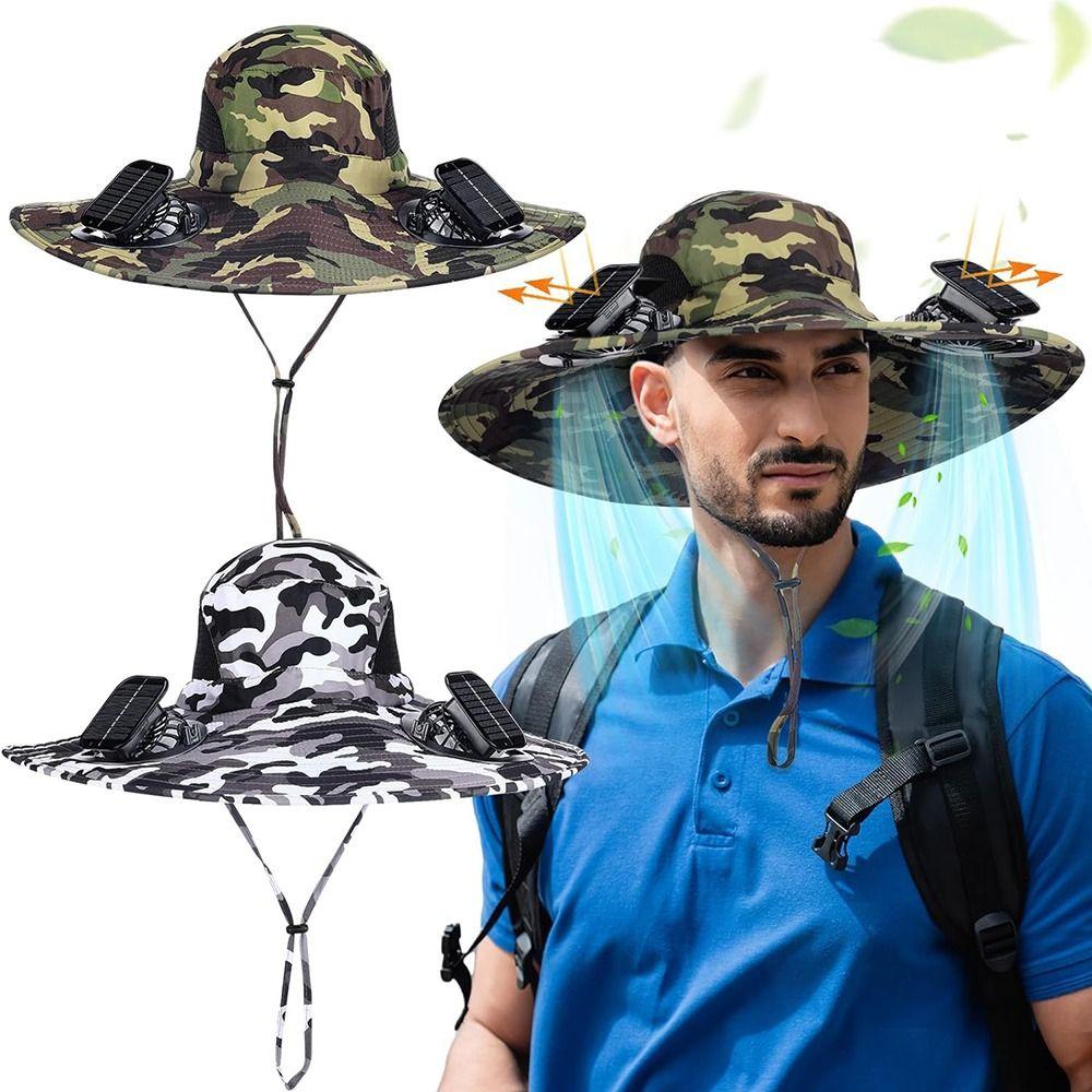 2 Solar Fan Wide Brim Sun Hat Breathable Sun Bucket Hat Personal Sun Hat with Solar Fan  Men