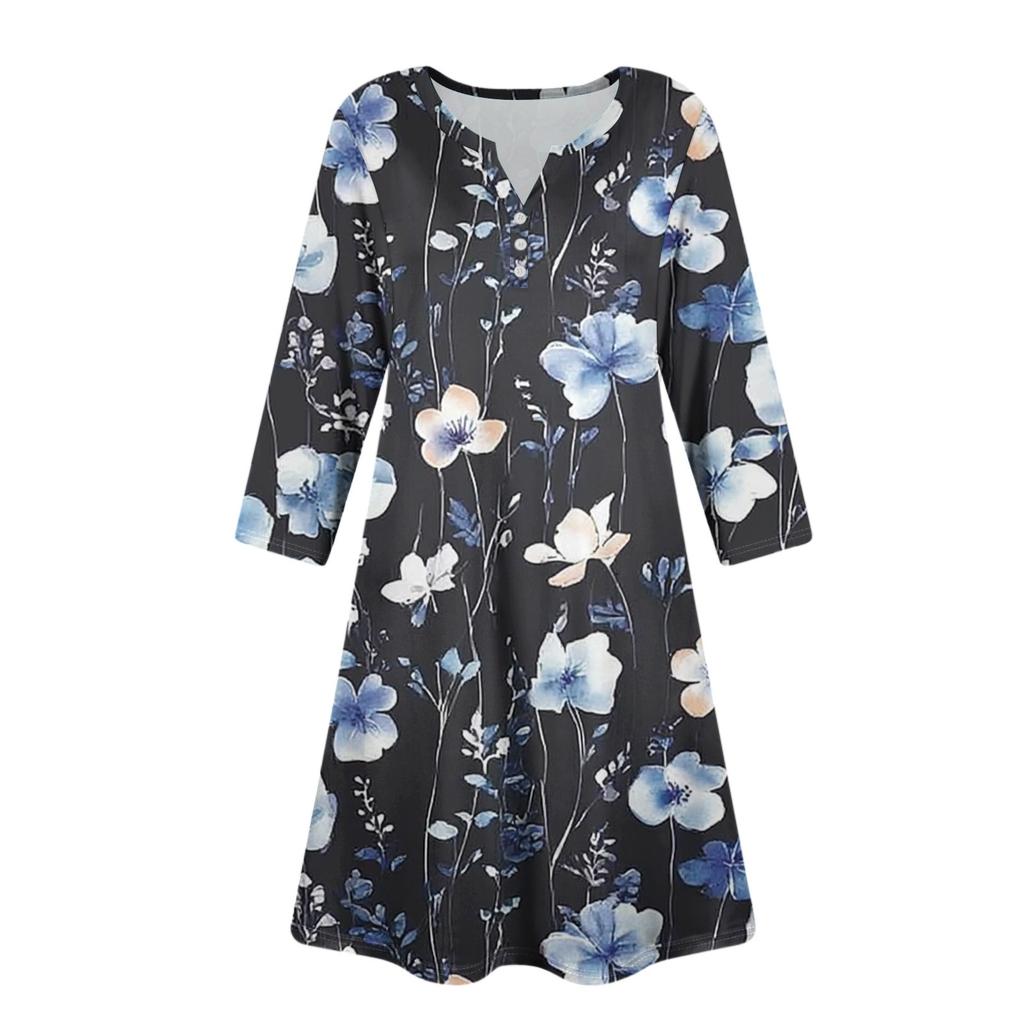 Women's Fashionable V-Neck Button Seven Part Cuff Pocket Floral Dress
