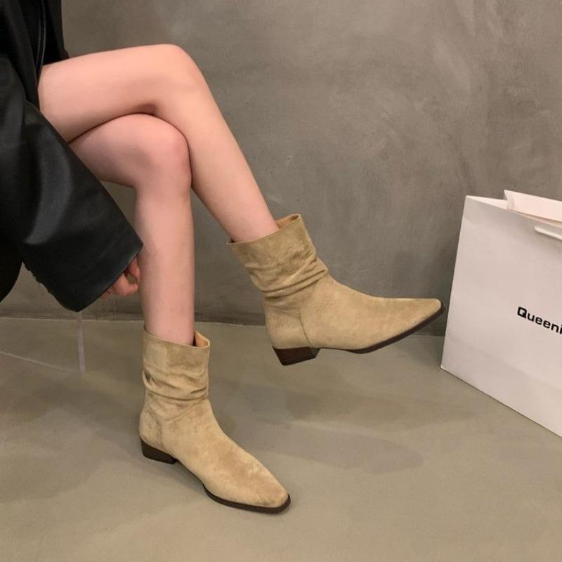 Autumn Winter High Quality Women Ankle Boots  Fashion Faux Suede Retro New Pleated Design Low-heeled Rider Boots Botas Mujer