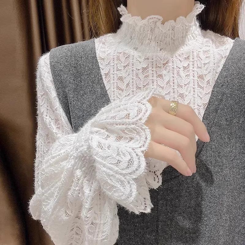 Women s Velvet Lace Half-Turtleneck Top - Stylish Autumn/Winter 2026 Shirt S (for 80-95 lbs)