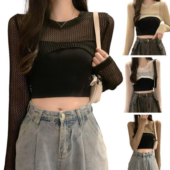 Top da donna con protezione solare, traforato, sottile, protezione solare, trasparente, anti-UV, con vita scoperta, a maniche lunghe, estivo, autunnale, girocollo, corto, lavorato a maglia, corto