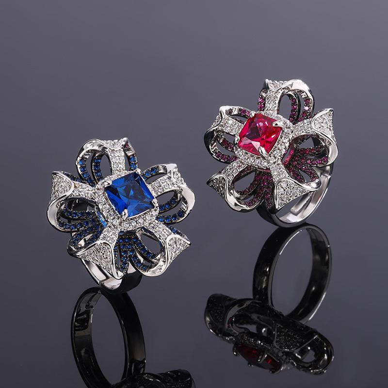 Cross Border Ruby Three Dimensional Petal Ring Full Sapphire Zircon Retro Simulation Color Treasure