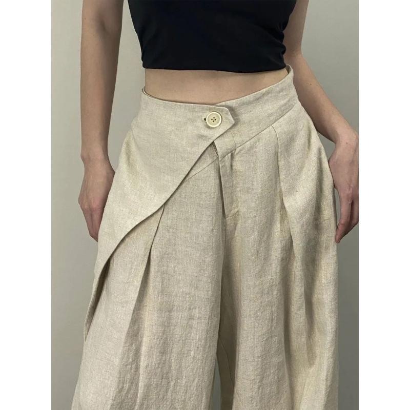 Chic Fashion Women Casual Pleated Wide Leg Pants Linen Texture All Match Loose High Waist Trousers Mujer Pantalones