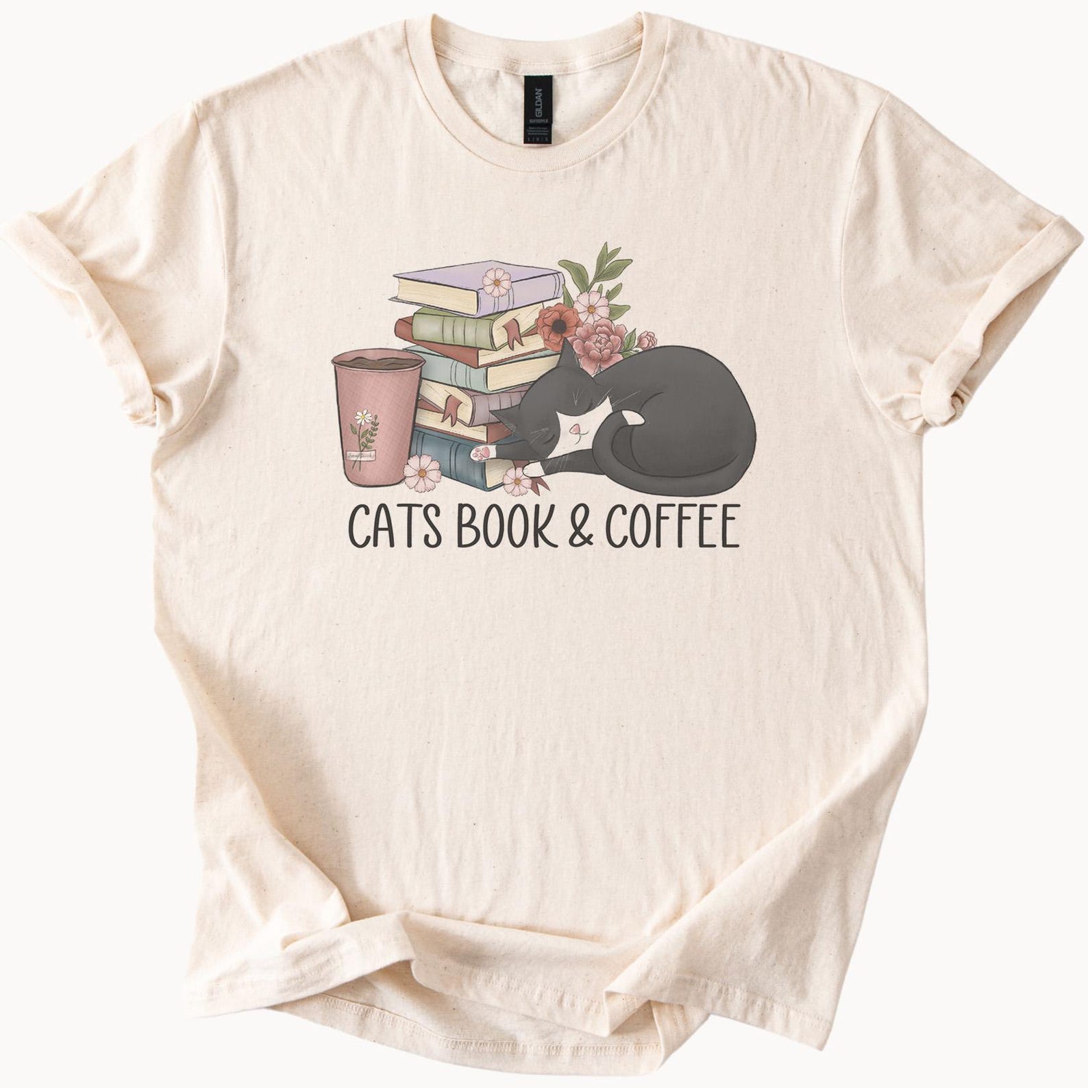Cats Books and Coffee Shirt Cute Sleeping Cat with Books and Coffee Cup Floral Book Lover Gift Cozy Reading Graphic Tee 140