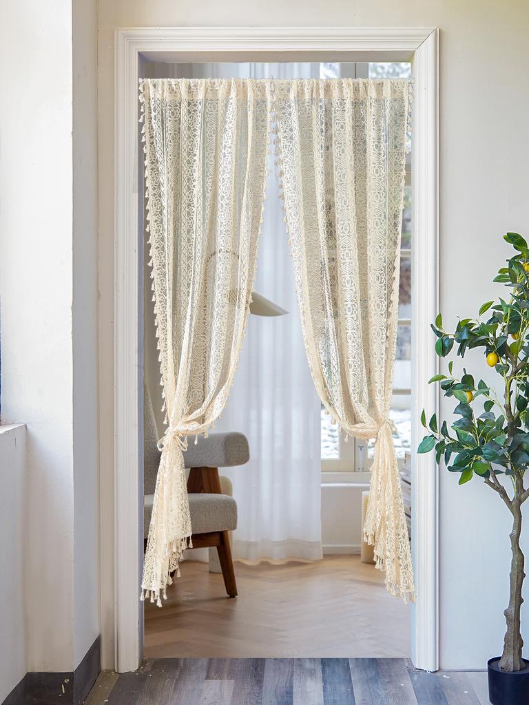 1PC Beige Lace Small Square with Tassel Curtains, Living Room Bedroom Door Curtains, Windows, Holiday Party Decorations