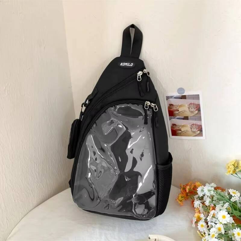 

New Y2K Fashion Nylon Crossbody Bag Girls Travel Transparent Shoulder Bag Vintage Womens Ita Backpack Outdoor Sports Chest Packs 42x25x7cm чорний