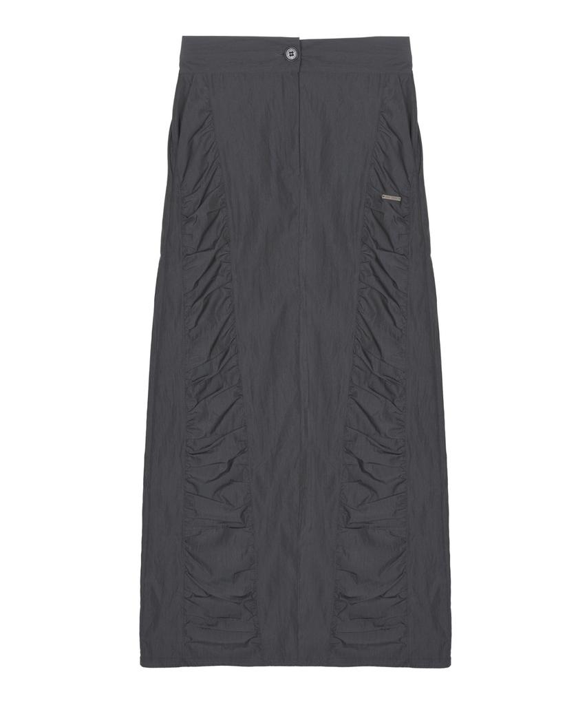 Nigaennikol Shirring Panel Long Skirt_Charcoal