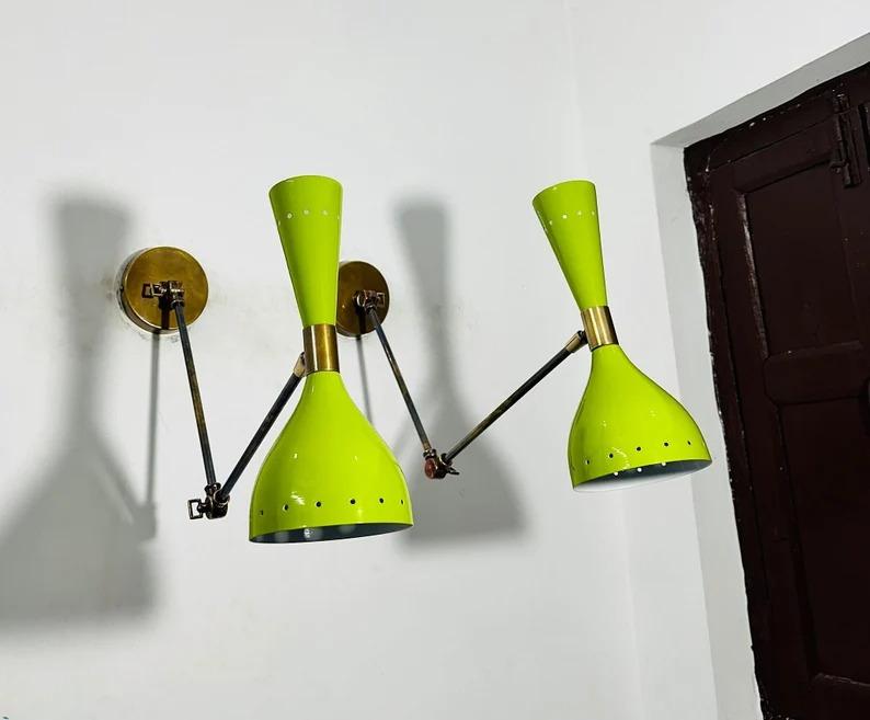 Olive Green Brass Diabolo Wall Sconce Pair: Mid-Century Italian Lighting
