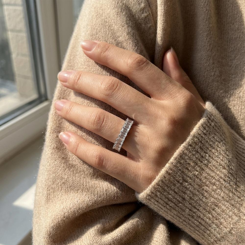 KNOBSPIN Emerald Cut Moissanite Eternity Ring CopperWedding Band D VVS Lab Grow Created Moissanite Rings for Women