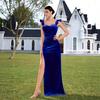 Royal Blue Velvet Tube Top Fishtail Dress, Waist Pleated Split Fork Long Banquet Dress Host Evening Dress