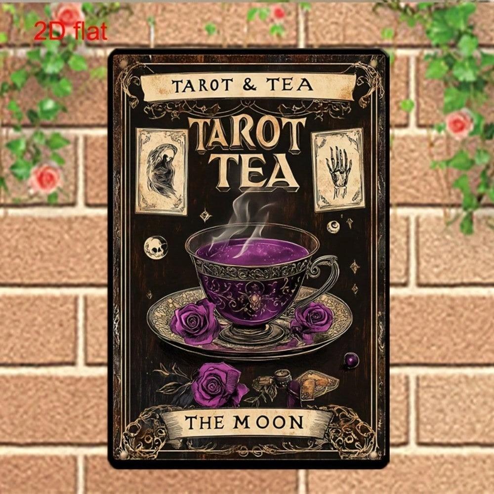 1pc Vintage Tarot & Tea Metal Tin Sign, 2D Flat Mystical Wall Art, Pre-Drilled Holes, 7.9x11.8in Indoor/Outdoor Decor